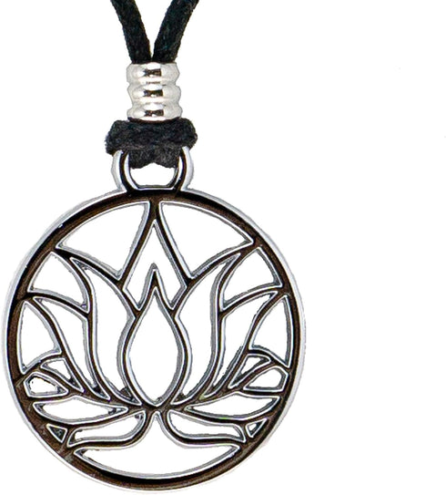 BlueRica Lotus Flower Pendant on Adjustable Black Cord Necklace (Chrome Finish)...