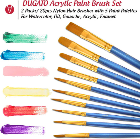 Paint Brushes Palettes Set by DUGATO, 2 Packs/20pcs Round Pointed Tip Nylon Hair Brushes with 5 Paint Trays for Acrylic Watercolor Oil Gouache Tem...