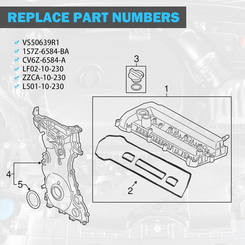 Valve Cover Gasket Set - Compatible with 2.0L 2.3L 2.5L Ford Escape, Focus, Funsion, Ranger, Transit Connect, Mazda 3, 5, 6, CX-7, MX-5, Tribute, ...