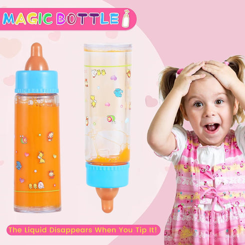 Magic Disappearing Milk and Juice Bottles with Pacifiers for Baby Doll Accessories,6 Pieces Pretend Play Feeding Toy Set, 4 Bottles and 2 Pacifier...