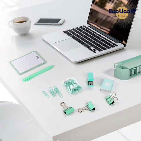 EooUooIP Desk Accessories Binding Set,Practical and Beautiful Green Office Supplies Set,Stapler Hole Puncher Paper Clips and Ballpoint Pen for Off...