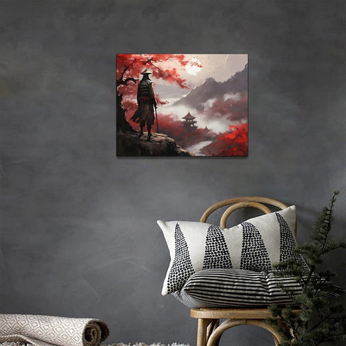 Japanese Bushido Wall Art Red Samurai Pictures Wall Decor Ancient Japan Warrior Canvas Asian Landscape Painting Home Decoration Artwork for Bathro...