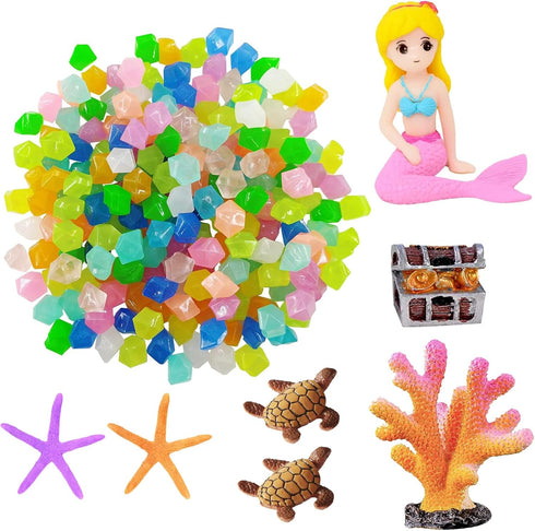 Fish Tank Aquarium Decoration Set, Mini 100pcs Glowing Pebbles Liminous Rocks, Teatle Mermaid Starfish Coral Treasure Chest Ornaments for Micro La...