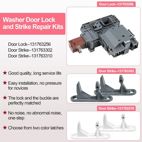 Upgraded New 131763256 Washer Door Latch Lock Lid Switch with 131763202 131763310 Door Striker Part Compatible with Frigidaire, Kenmore, Electrolux, GE Front Load Washer 1317632 131763255 131269400