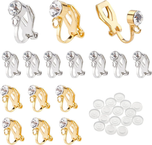 PH PandaHall 8 Pairs Clip-on Earring Converter Gold Silver Earring Findings Brass Earring Clips with Crystal Rhinestone Earring Silicone Earring P...