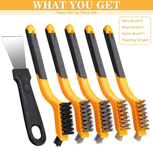 6 Pcs Wire Brush, Wire Brush Set, Brass/Nylon/ Steel Brush and Cleaning Spatula, Premium Metal Brush with Curved Handle Grip, Wire Brushes for Cle...