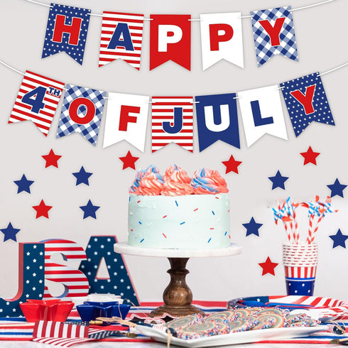 Patriotic Paper Banner 4th of July Bulletin Board Decorations with Red Blue Star Cutouts for Independence Day School Classroom Office Home Decor P...