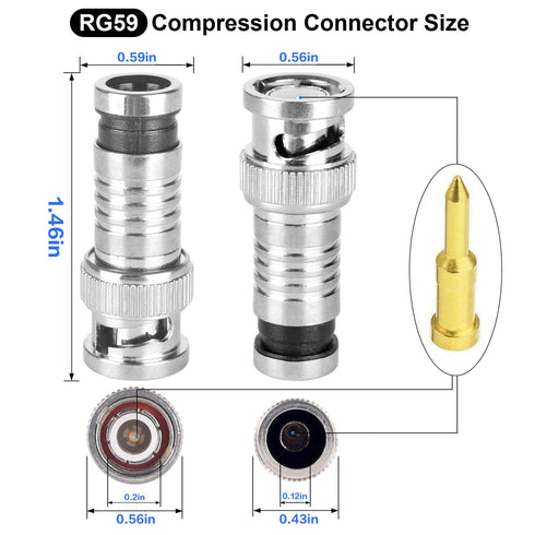 BNC Compression Connector,RG59 Crimper Video Plug Extension Coaxial Siamese Cable Connectors Coax Crimper Adapter 20PCS 75 Ohm Coupler with Copper...