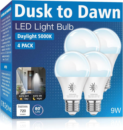 4 Pack Dusk to Dawn Light Bulbs Outdoor, 5000K-Daylight, 720LM, 9W(60W Equivalent) A19 E26 Automatic On/Off LED Light Bulbs, Dusk to Dawn LED Outd...