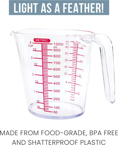 Chef Pomodoro 3-Piece Liquid Meausuring Cups Set - Ml and Oz Measuring Cup - Includes 1, 2 and 4 Cup, BPA-Free Plastic Measuring Cups for Liquids,...