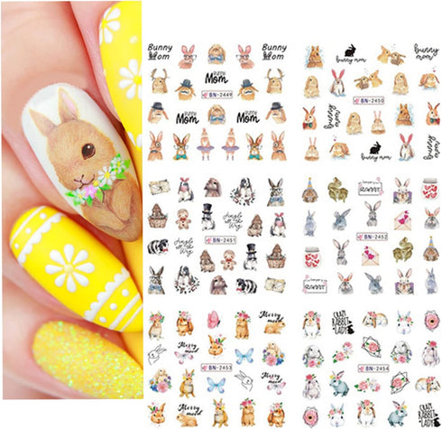 12 Sheets Rabbit Nail Stickers Animal Water Transfer Nail Decals Holographic Art Sticker Decal Rabbit Butterfly Flower Nail Art Design for Women G...