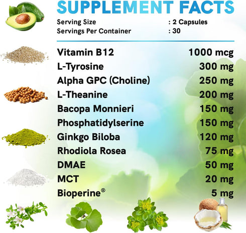 11-in-1 Nootropic Brain Supplements: Memory & Focus Supplement with Ginkgo Biloba, L Theanine, Bioperine, & Alpha GPC Choline - 1321mg, 60ct - Sti...