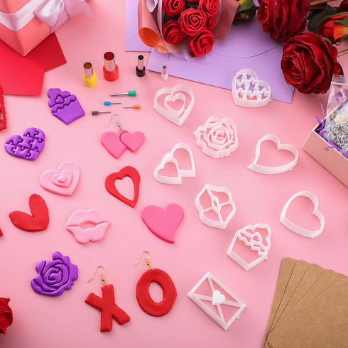 Kajaia 114 Pieces Valentin's Day Polymer Clay Cutters with Earring Cards 16 Shapes Valentines Earring Clay Cutters 80 Earring Hooks and Rings Hear...