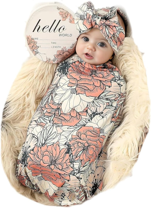 Galabloomer Newborn Receiving Blanket Headband Set Baby Flower Swaddle (cocal almond)...
