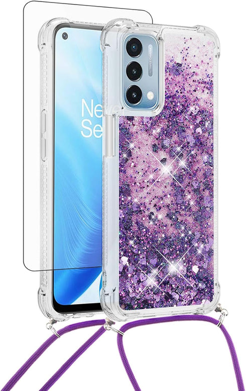 Asuwish Phone Case for OnePlus Nord N200 5G with Screen Protector Crossbody Strap Bling Liquid Glitter Clear Slim Protective Cell Cover One Plus N...
