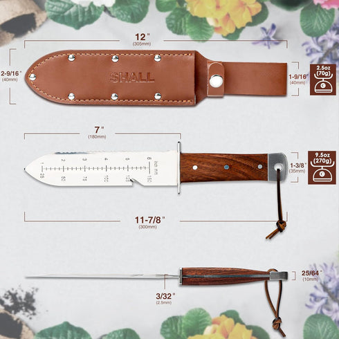 SHALL Hori Hori Garden Knife, Gardening Knife with Leather Sheath, Rosewood Handle & Hide Rope, 7” Stainless Steel Blade, Rope Cutting Edge, for D...