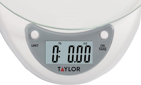 Taylor Digital Kitchen Scale with Glass Platform, Tare Button, and Plastic Body Weighs up to 11 Pounds Capacity, White...