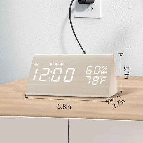Digital Alarm Clock, with Wooden Electronic LED Time Display, 3 Alarm Settings, Humidity & Temperature Detect, Wood Made Electric Clocks for Bedro...