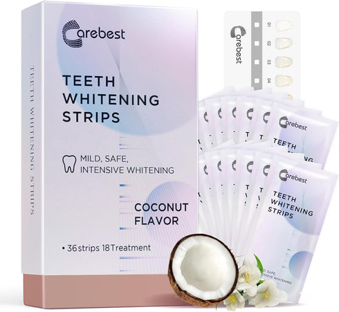 Coconut Whitening Strips,Enamel Safe Non-Slip Whitening Strips for Sensitive Teeth,18 Treatments Teeth Whitening Kit...