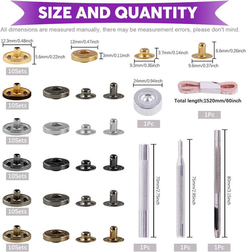 65Pcs 12.5mm Leather Snap Fasteners Kit, Including 6 Colors 60 Sets Leather Rivets with 4Pcs Fixing Tools and Soft Tape Measure, Metal Button Leat...