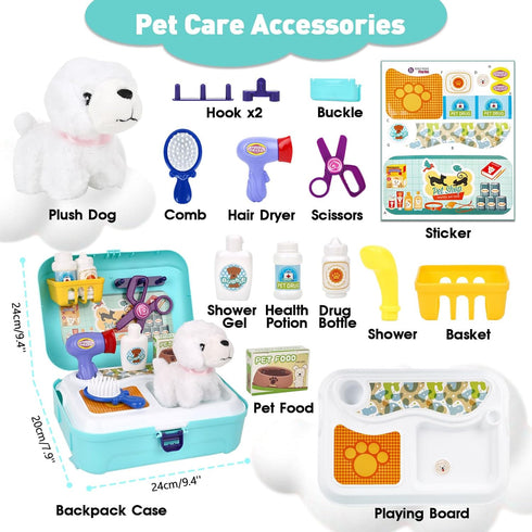 Pet Care Play Set for Kids, 16Pcs Doctor Kit Pretend Play Vet Dog Grooming & Feeding Toys with Backpack, Educational Toys for Girls and Boys 3-7 Y...
