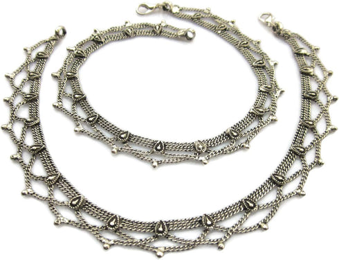 Handmade Womens Boho Anklets Pair | Silver Plated Brass Copper Metal Chain Vintage Antique Oxidized Finish | Inidan Payal Feet Ankle Bracelet Fash...