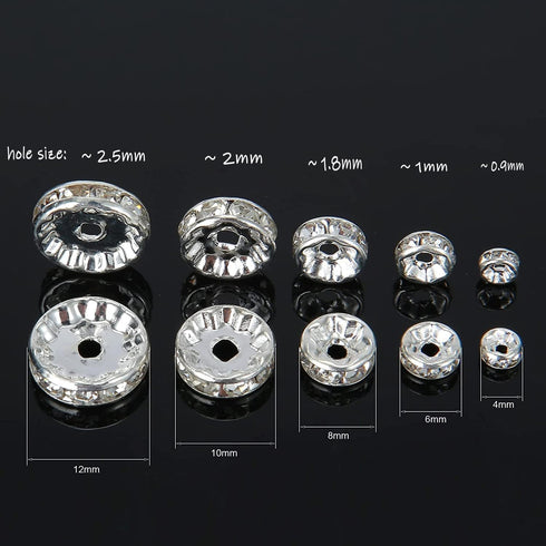 100Pcs Rondelle Spacer Beads 8mm Silver Plated Round Crystal Charms Czech Rhinestone Spacer Loose Beads for Jewelry Making Supplies Bracelet Neckl...