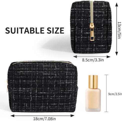 Small Makeup Bag Plaid Tweed Cosmetic Bag for Women Travel Make Up Bag for Purse Makeup Pouch Aesthetic Stuff - Black...