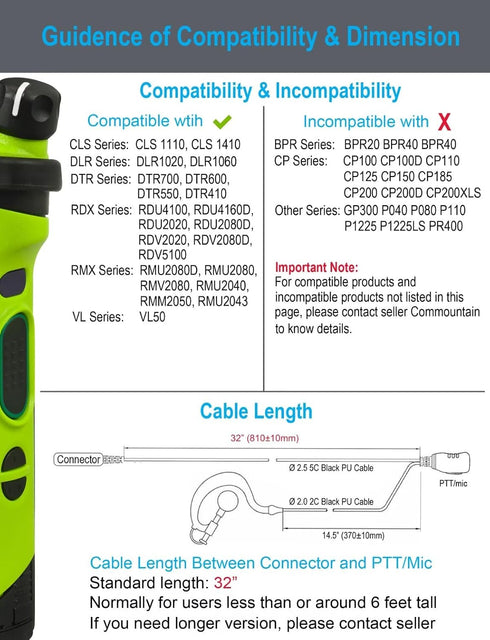 commountain CLS1410 CLS1110 Earpiece with PTT/Mic for Motorola Walkie Talkies Radios DTR550 DTR700 RDU4100 RDU4160D RMU2040 RMU2080D RMU2080 DLR10...
