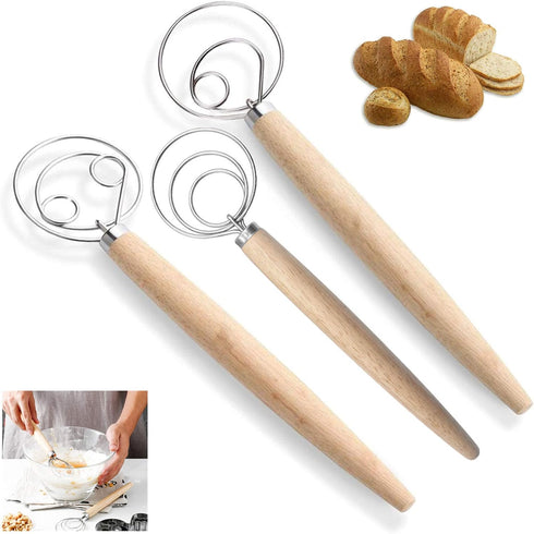 Danish Dough Whisk Sourdough Bread Dough Mixer 3 Pack Stainless Steel Dough Hook Dutch Whisk Hand Wooden Handle Kitchen Whisking Mixing Tool Bread...