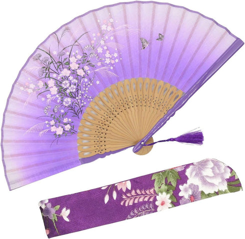 OMyTea® "Grassflowers 8.27"(21cm) Hand Held Folding Fans - With a Fabric Sleeve for Protection for Gifts - Chinese/Japanese Vintage Retro Style (P...