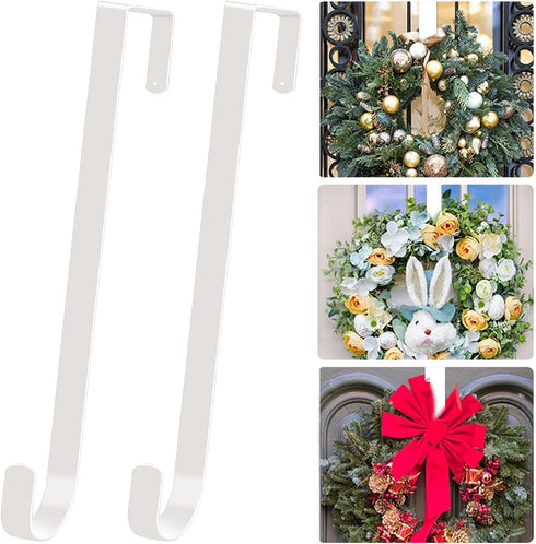 2 Pack Solid Wreath Hanger for Front Door Window Wreath Hooks Holder Over The Door Metal Hook Hangers (White, 12 inch)...