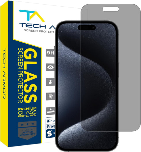 Tech Armor Privacy Screen Protector for iPhone 15 Pro Max 6.7 inch - Ballistic Tempered Glass, Anti-Spy, Case Friendly, Easy Installation, Bubble ...