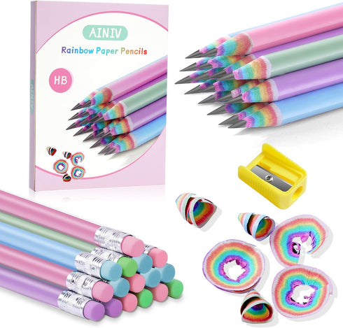 32PCS Eco-friendly Wood & Plastic Free Recycled Rainbow Paper Pencils #2 HB Pencils Number 2 Pencils Erasers Toppers with Pencil Sharpener, Macaro...