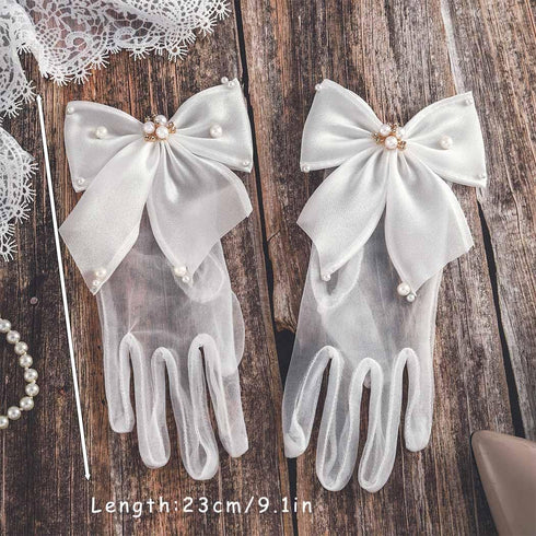 Campsis Wedding Gloves for Bride White Lace Glove Bow Short Bridal Gloves Pearl Opera Costume Dress Accessories for Women and Girls...