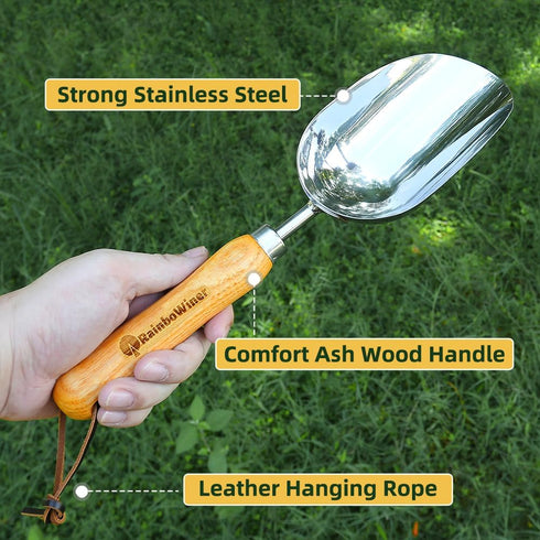 Extra Large Soil Scoop, Garden Transplanter Trowel - Super Strong Stainless Steel Metal Potting Soil Scoop with Wooden Handle - Garden Hand Scoop ...