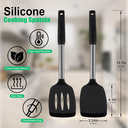 2 pack silicone spatula set,Solid & Slotted spatulas silicone heat resistant,turner spatulas for kitchen use,Rubber Spatulas for Fish, Eggs, Panca...