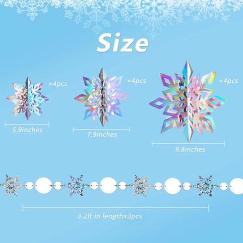 JULMELON 15Pcs Frozen 3D Hanging Snowflakes Decorations, Holographic Snowflakes Garland Silver Snowflakes for Winter Wonderland Decorations Frozen...