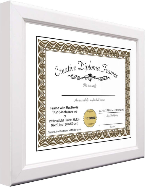 Creative Picture Frames 7x9 White Diploma Frame with White Mat Glass Easel and Installed Wall Hangers | Frame Holds 10x12 Media without Mat...