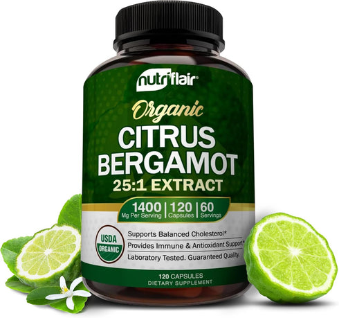 NutriFlair Organic Citrus Bergamot 1400mg, 120 Capsules - 25:1 Citrus Bergamia - Essential Oil and Citrus Bioflavonoids - Natural Heart Health Sup...