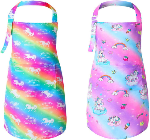 PASHOP 2 Pack Kids Apron Rainbow Unicorn Aprons With Pockets for Girls Boys Toddler Apron for Painting Cooking Baking...