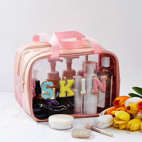 Chenille Letter Bag Nylon Makeup Bag Portable Bag Makeup Cases Preppy Patch Makeup Bag with Zipper Cosmetic Toiletry Storage Bag for Women Girls (...