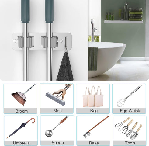 Mop Broom Holder Wall Mounted SUS304 Stainless Steel, Mop Broom Organizer with 2 Installation Methods (No Drilling&Screw Drilling Installation 2 I...