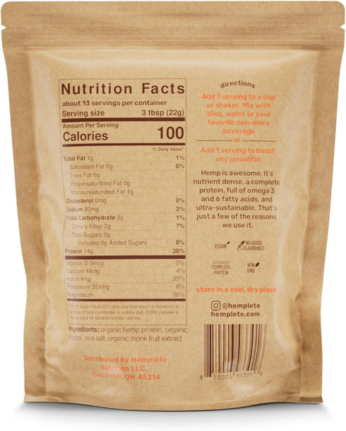 Hemp Vegan Protein Powder for Heart and Brain Health, Easy to Digest Chocolate Powder Drink with Plant Protein for Muscle Building and Recovery, 9...