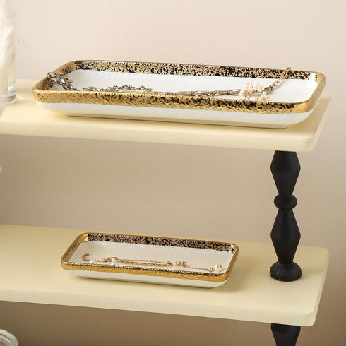 10 * 5" Granite Texture Fine Porcelain White Tray with Golden Edge,Decorative Vanity Tray for bathroom. for Jewelry storage, Ring & Key Holder, Ba...
