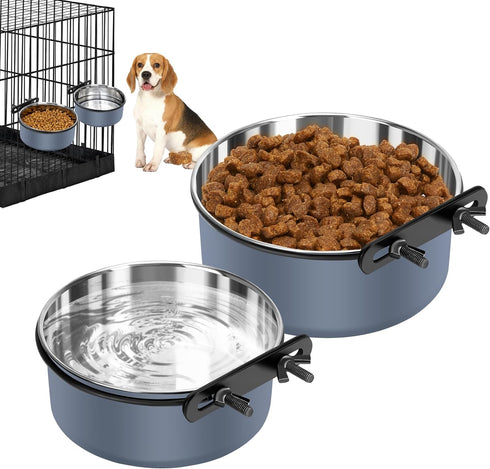 Dog Kennel Bowls for Crates, Hanging Dog Crate Water Bowls No Spill, 2 Pack Kennel Food Water Bowl Mountable Cage Accessories, Stainless Steel Pet...