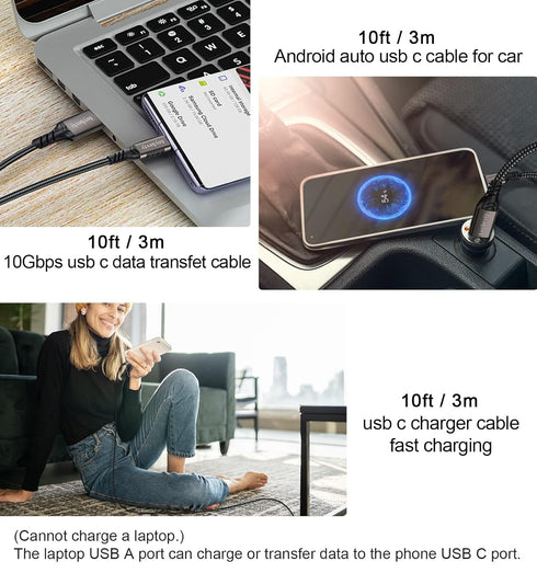 USB A to USB C Cable 10FT, USB 3.1/3.2 10Gbps Data Transfer and 60W 3A Fast Charging Long Cable for Android Auto Samsung Galaxy S22 S21 iPad Pro E...