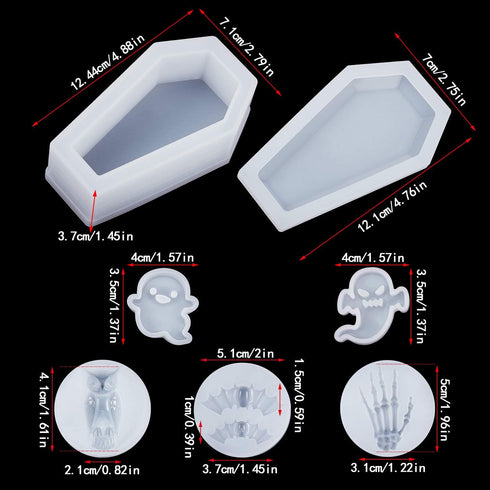 WILLBOND 6 Pieces Halloween Resin Coffin Molds Include Coffin Box Bat Silicone Owl Casting Skull Hands Ghost Shape Resin Mold Set for Halloween DI...