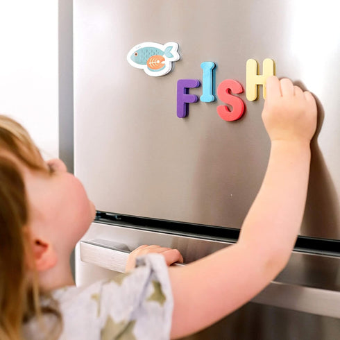 Curious Columbus Toddler Magnets – Set of 52 Fridge Magnets for Kids – Includes 26 Large Foam Food Pieces and 26 ABC Alphabet Letters for Learning...