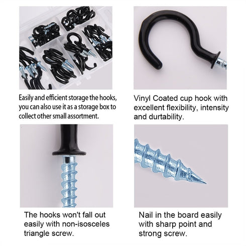 KUUQA Cup Hook Kit Black Vinyl Coated Ceiling Screw Mug Hooks, 70 Pieces, 6 Sizes...